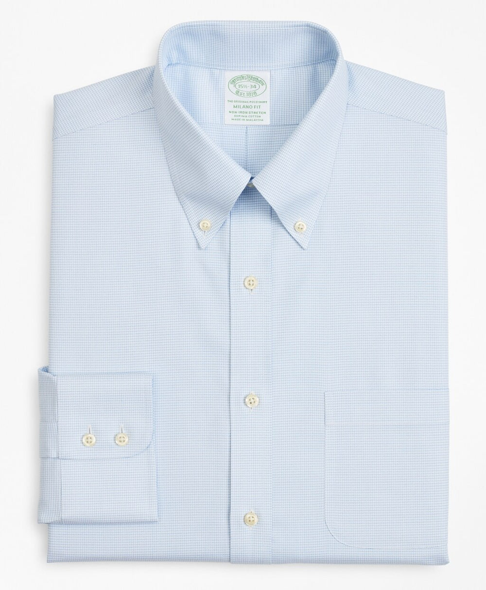 Brooks Brothers Men Stretch Milano Slim-Fit Dress Shirt, Non-Iron Twill Button-Down Collar Micro-Check