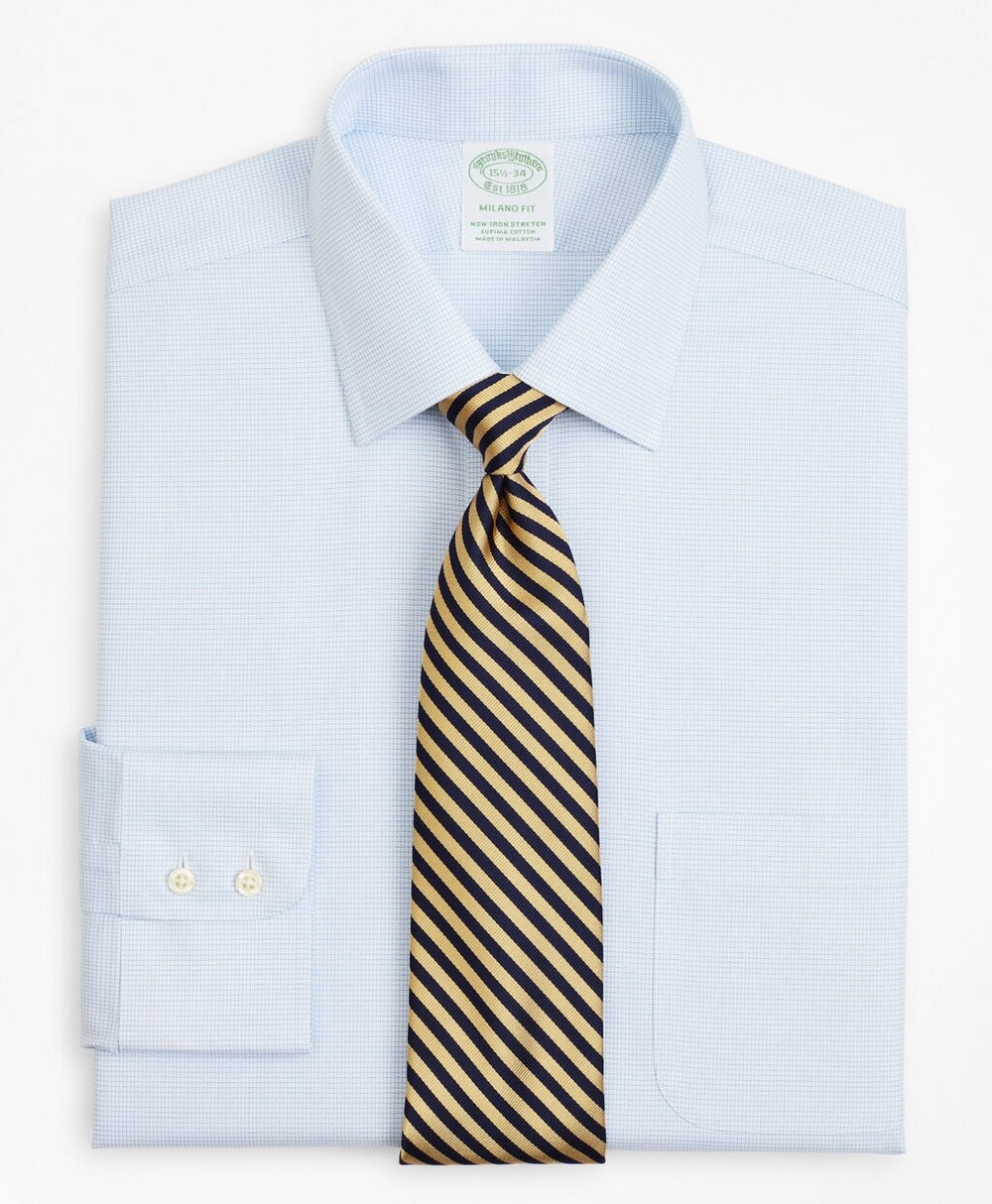 Brooks Brothers Men Stretch Milano Slim-Fit Dress Shirt, Non-Iron Twill Ainsley Collar Micro-Check