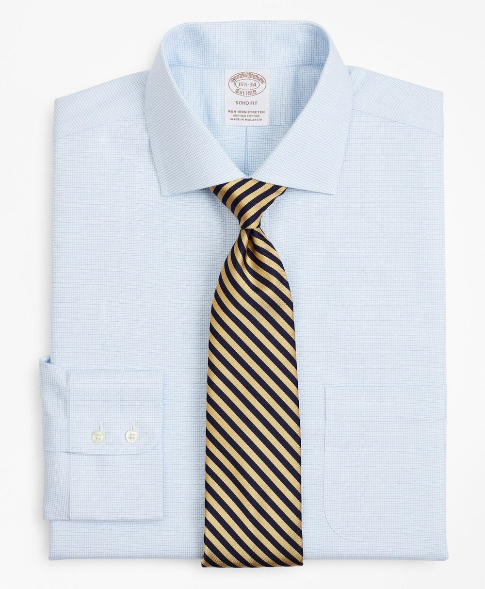 Brooks Brothers Men Stretch Soho Extra-Slim-Fit Dress Shirt, Non-Iron Twill English Collar Micro-Check