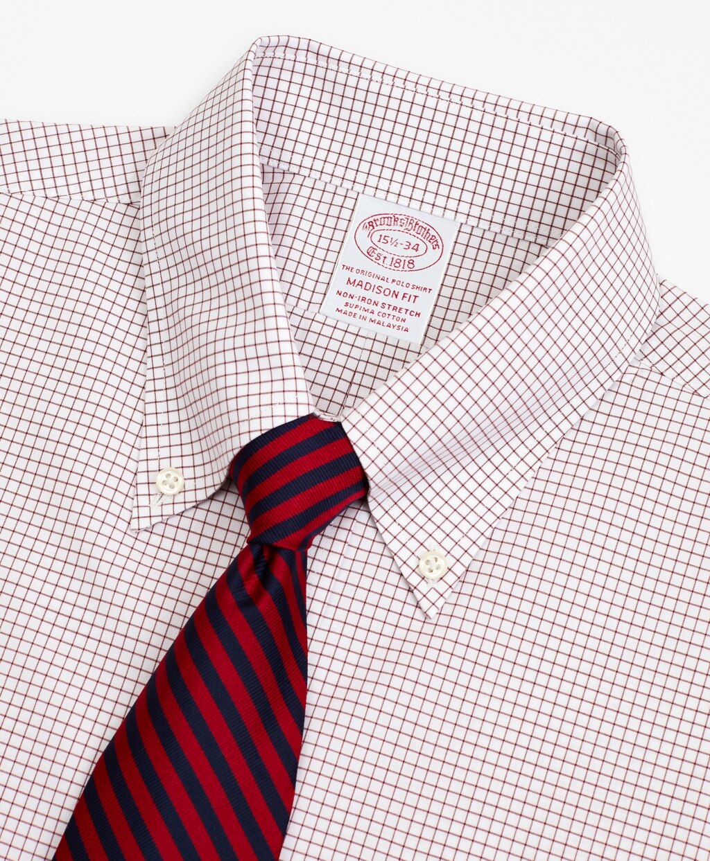 Brooks Brothers Men Stretch Madison Classic-Fit Dress Shirt, Non-Iron Poplin Button-Down Collar Small Grid Check