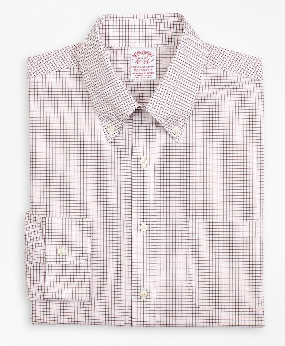 Brooks Brothers Men Stretch Madison Classic-Fit Dress Shirt, Non-Iron Poplin Button-Down Collar Small Grid Check