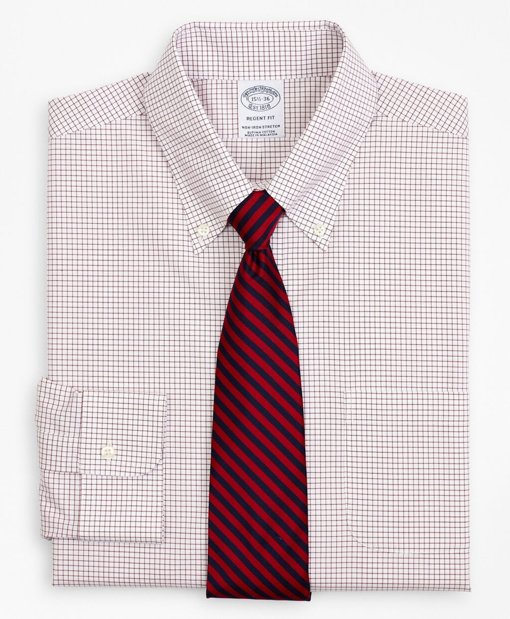 Brooks Brothers Men Stretch Regent Fitted Dress Shirt, Non-Iron Poplin Button-Down Collar Small Grid Check