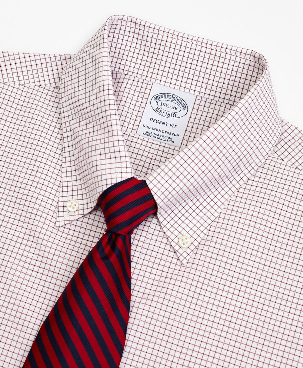 Brooks Brothers Men Stretch Regent Fitted Dress Shirt, Non-Iron Poplin Button-Down Collar Small Grid Check
