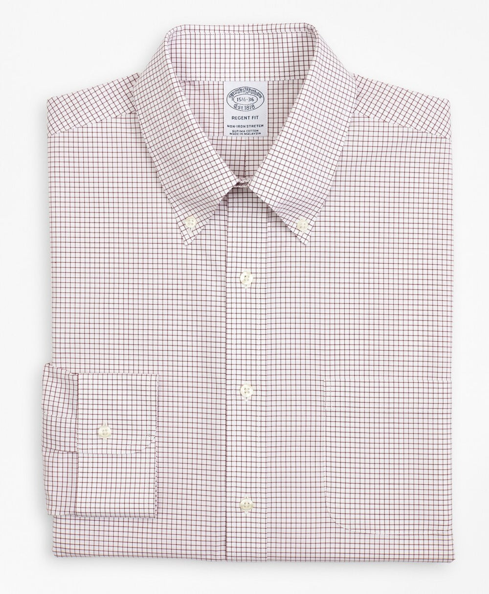 Brooks Brothers Men Stretch Regent Fitted Dress Shirt, Non-Iron Poplin Button-Down Collar Small Grid Check