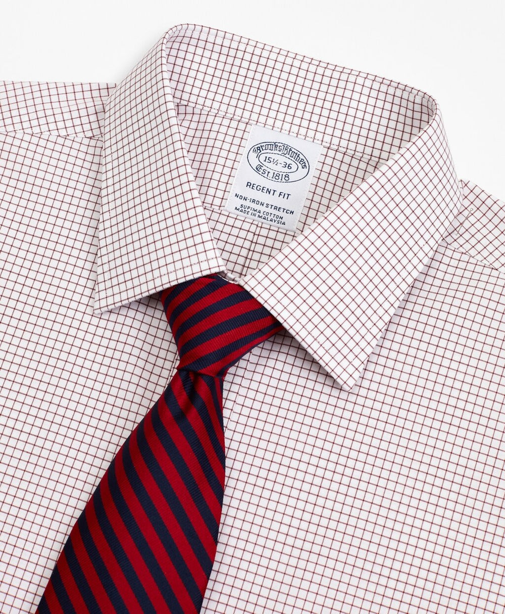 Brooks Brothers Men Stretch Regent Fitted Dress Shirt, Non-Iron Poplin Ainsley Collar Small Grid Check