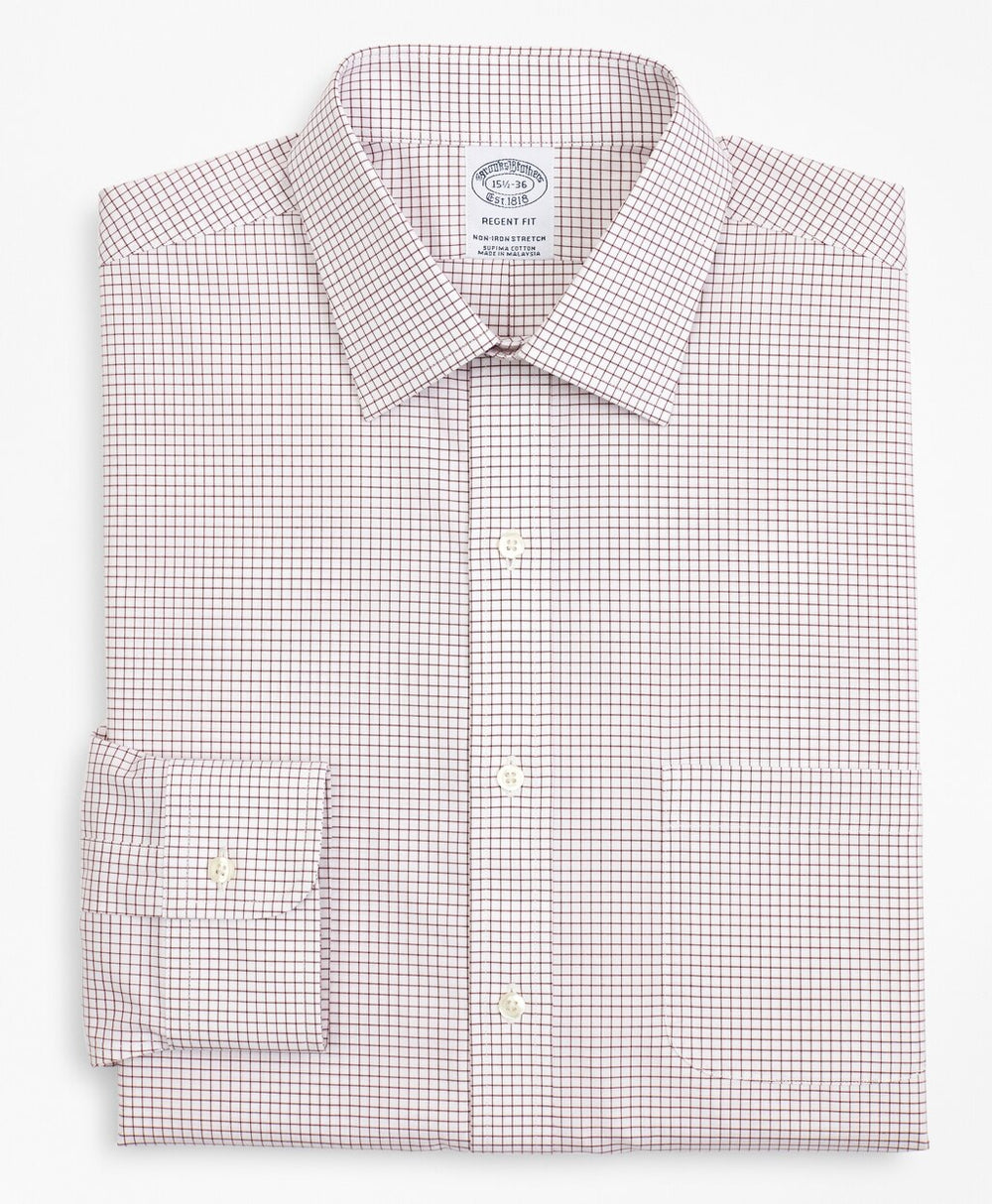 Brooks Brothers Men Stretch Regent Fitted Dress Shirt, Non-Iron Poplin Ainsley Collar Small Grid Check