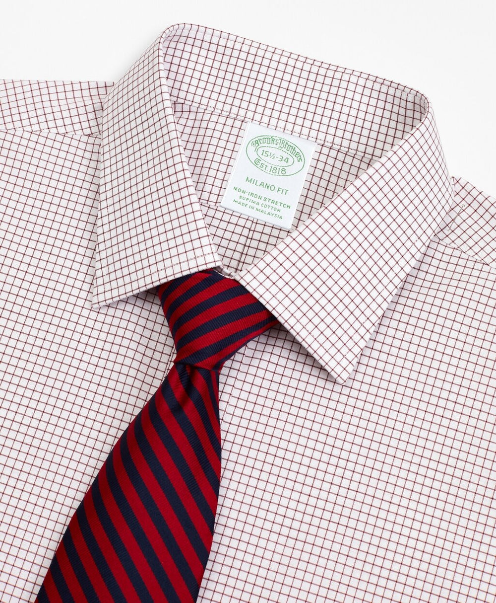 Brooks Brothers Men Stretch Milano Slim-Fit Dress Shirt, Non-Iron Poplin Ainsley Collar Small Grid Check