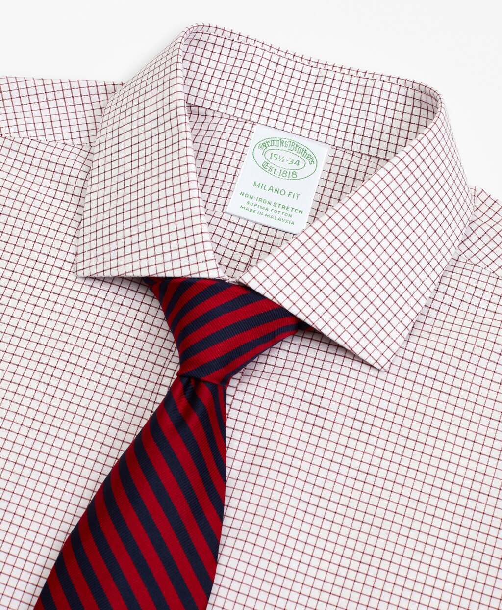 Brooks Brothers Men Stretch Milano Slim-Fit Dress Shirt, Non-Iron Poplin English Collar Small Grid Check