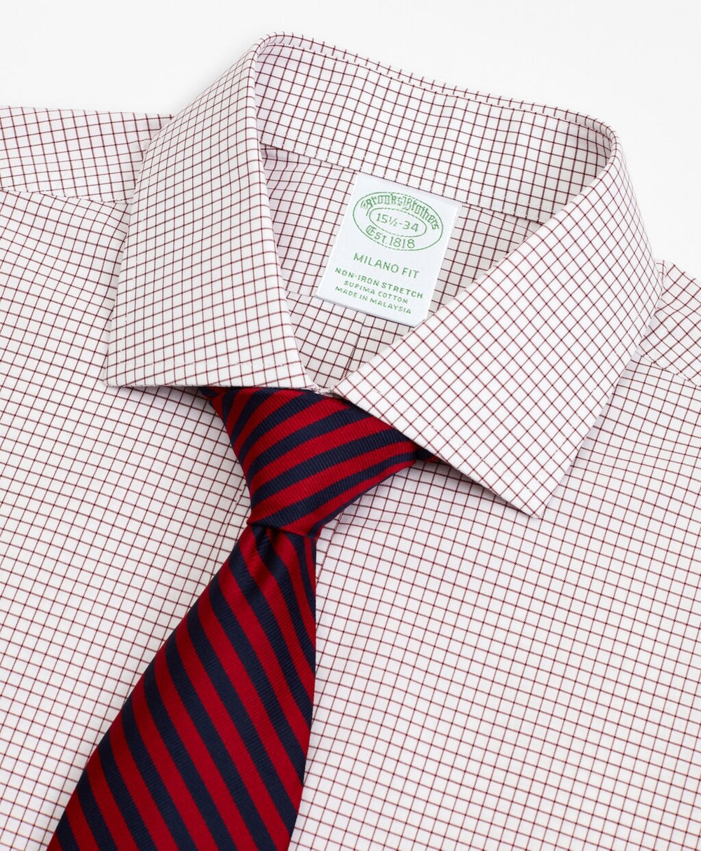 Brooks Brothers Men Stretch Milano Slim-Fit Dress Shirt, Non-Iron Poplin English Collar Small Grid Check