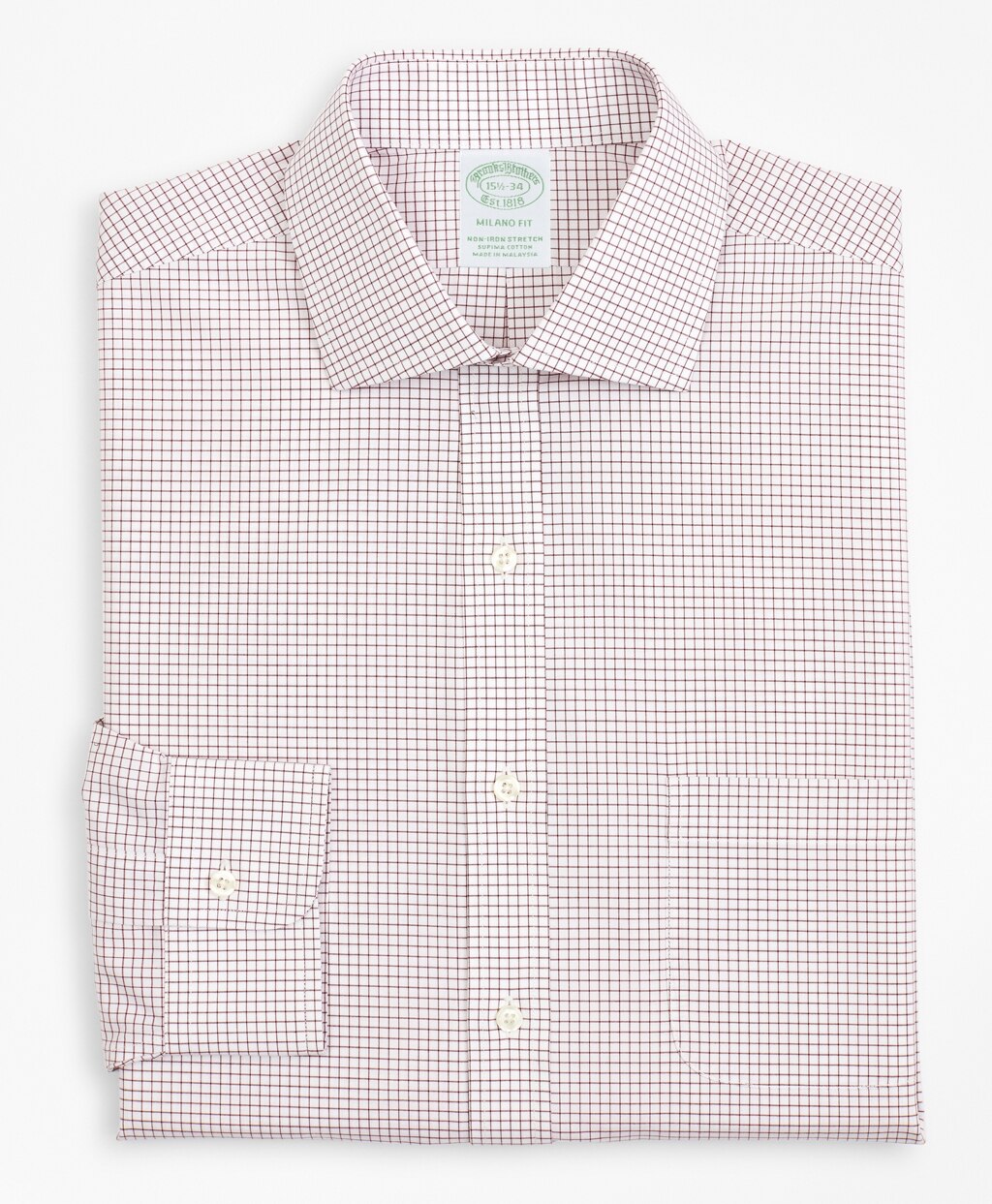 Brooks Brothers Men Stretch Milano Slim-Fit Dress Shirt, Non-Iron Poplin English Collar Small Grid Check