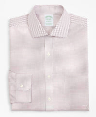 Brooks Brothers Men Stretch Milano Slim-Fit Dress Shirt, Non-Iron Poplin English Collar Small Grid Check