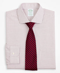 Brooks Brothers Men Stretch Milano Slim-Fit Dress Shirt, Non-Iron Poplin English Collar Small Grid Check