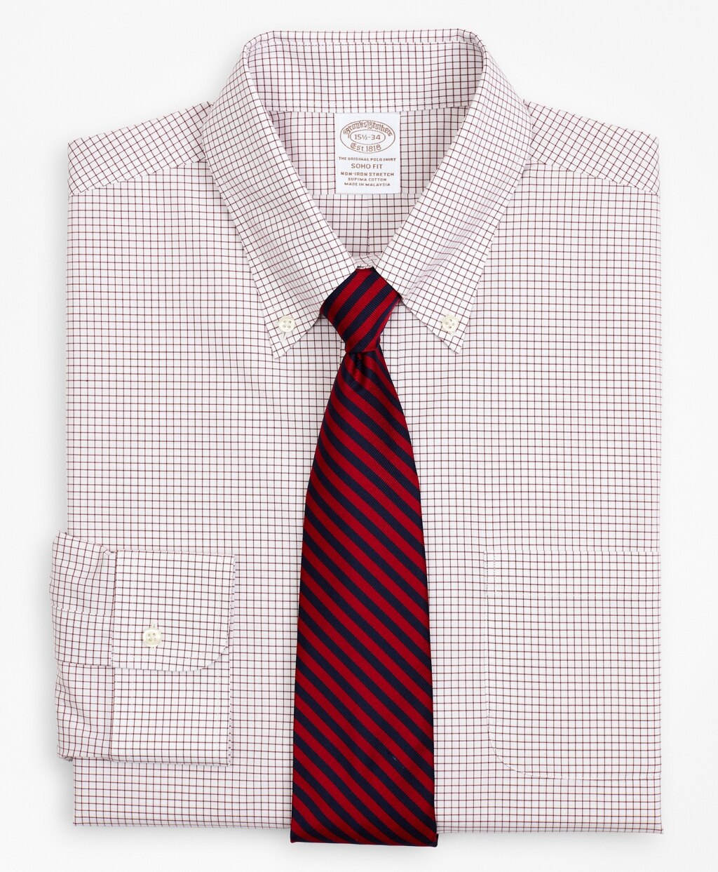 Brooks Brothers Men Stretch Soho Extra-Slim-Fit Dress Shirt, Non-Iron Poplin Button-Down Collar Small Grid Check