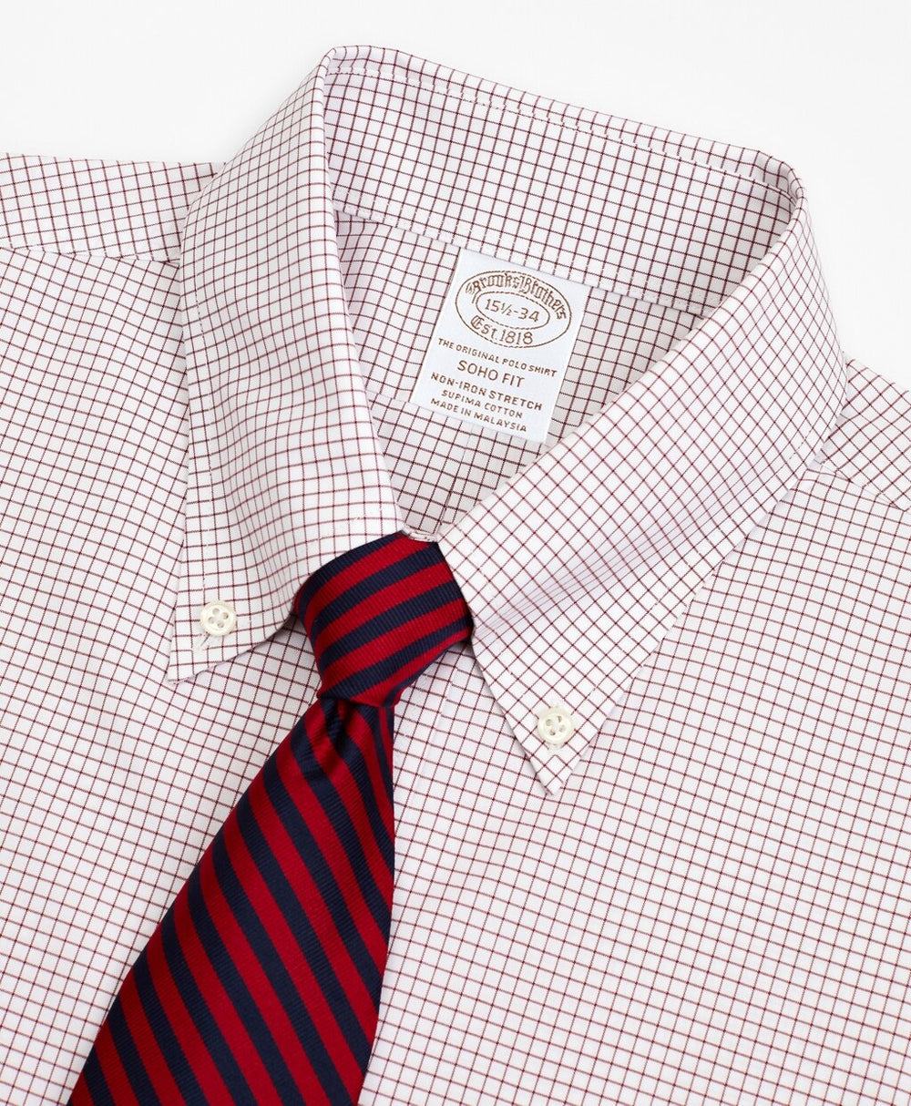 Brooks Brothers Men Stretch Soho Extra-Slim-Fit Dress Shirt, Non-Iron Poplin Button-Down Collar Small Grid Check