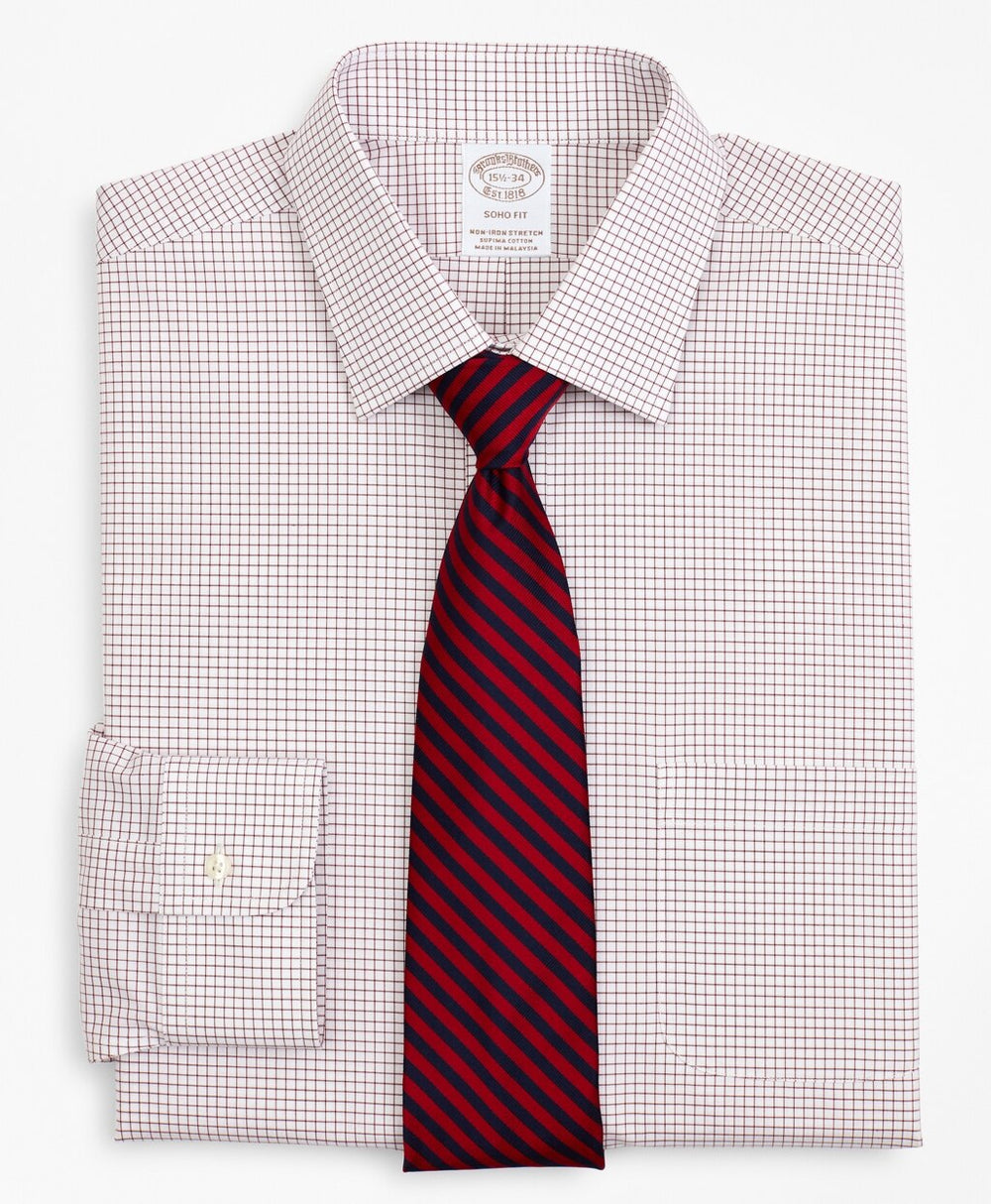 Brooks Brothers Men Stretch Soho Extra-Slim-Fit Dress Shirt, Non-Iron Poplin Ainsley Collar Small Grid Check