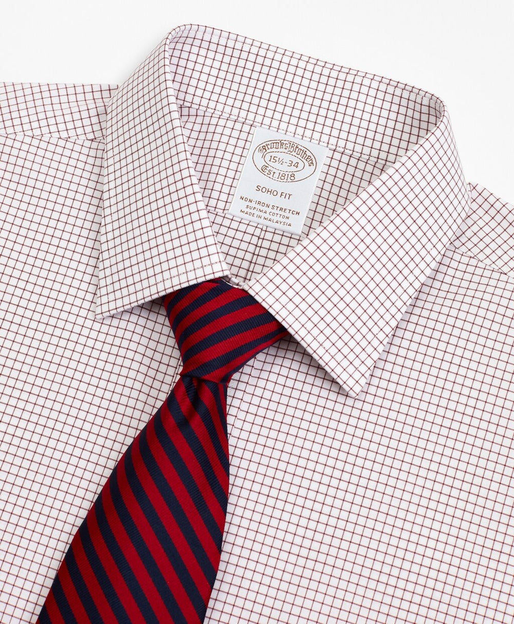 Brooks Brothers Men Stretch Soho Extra-Slim-Fit Dress Shirt, Non-Iron Poplin Ainsley Collar Small Grid Check