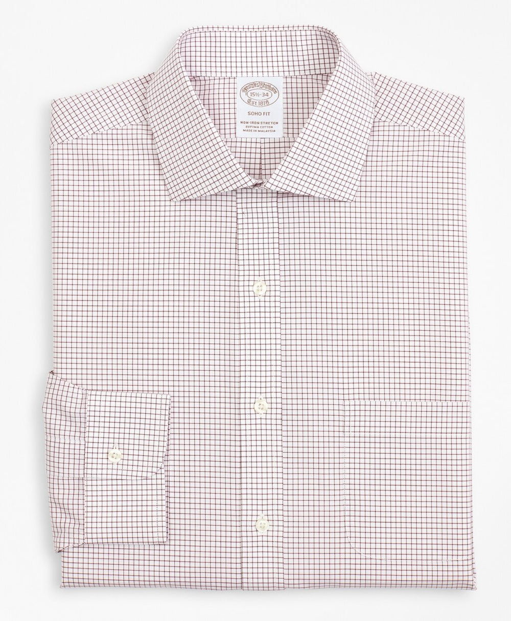 Brooks Brothers Men Stretch Soho Extra-Slim-Fit Dress Shirt, Non-Iron Poplin English Collar Small Grid Check