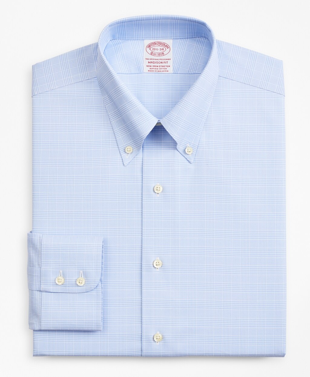 Brooks Brothers Men Stretch Madison Classic-Fit Dress Shirt, Non-Iron Royal Oxford Button-Down Collar Glen Plaid