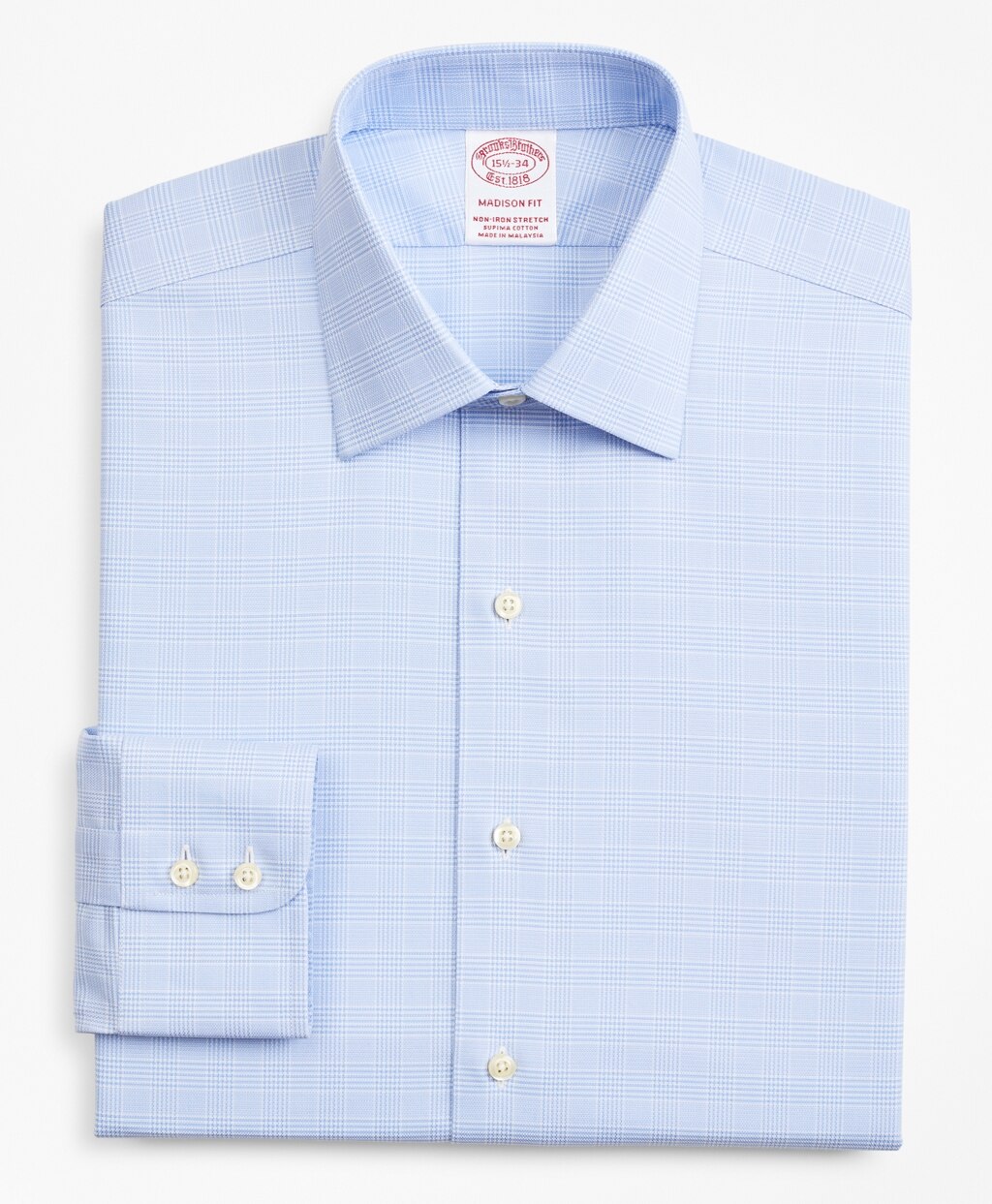 Brooks Brothers Men Stretch Madison Classic-Fit Dress Shirt, Non-Iron Royal Oxford Ainsley Collar Glen Plaid
