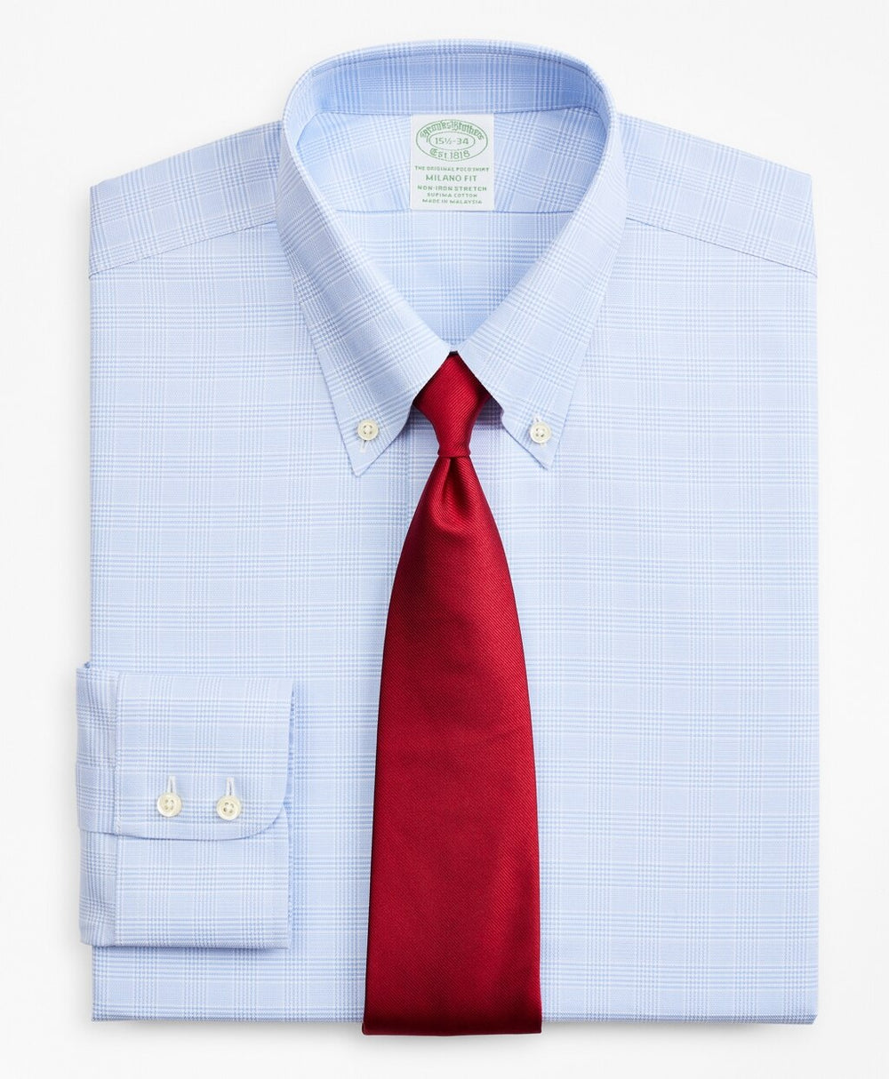Brooks Brothers Men Stretch Milano Slim-Fit Dress Shirt, Non-Iron Royal Oxford Button-Down Collar Glen Plaid