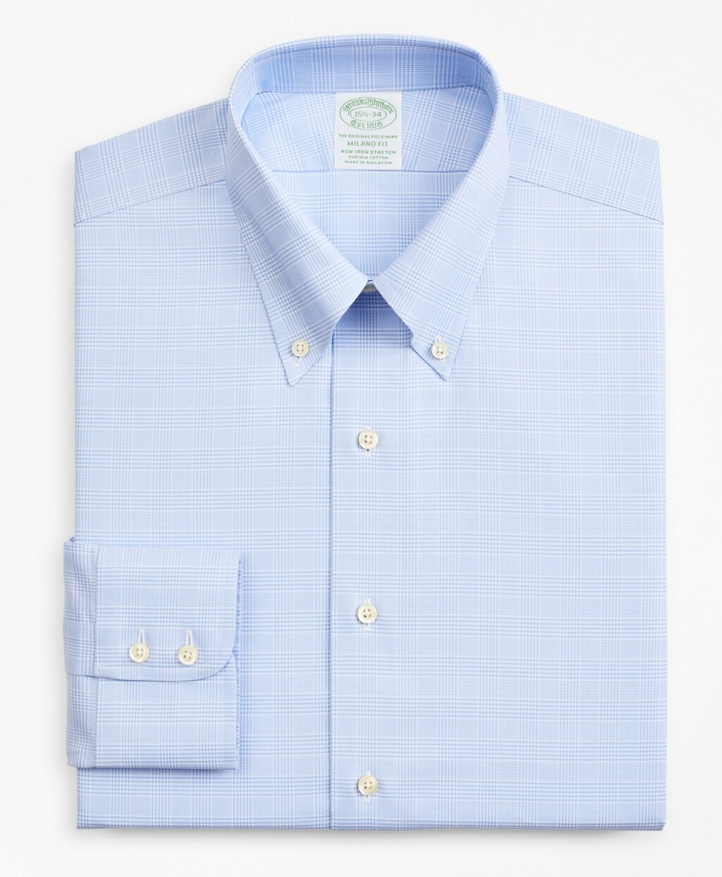 Brooks Brothers Men Stretch Milano Slim-Fit Dress Shirt, Non-Iron Royal Oxford Button-Down Collar Glen Plaid