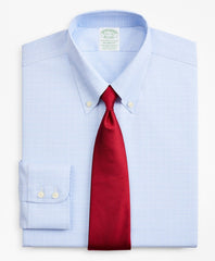 Brooks Brothers Men Stretch Milano Slim-Fit Dress Shirt, Non-Iron Royal Oxford Button-Down Collar Glen Plaid