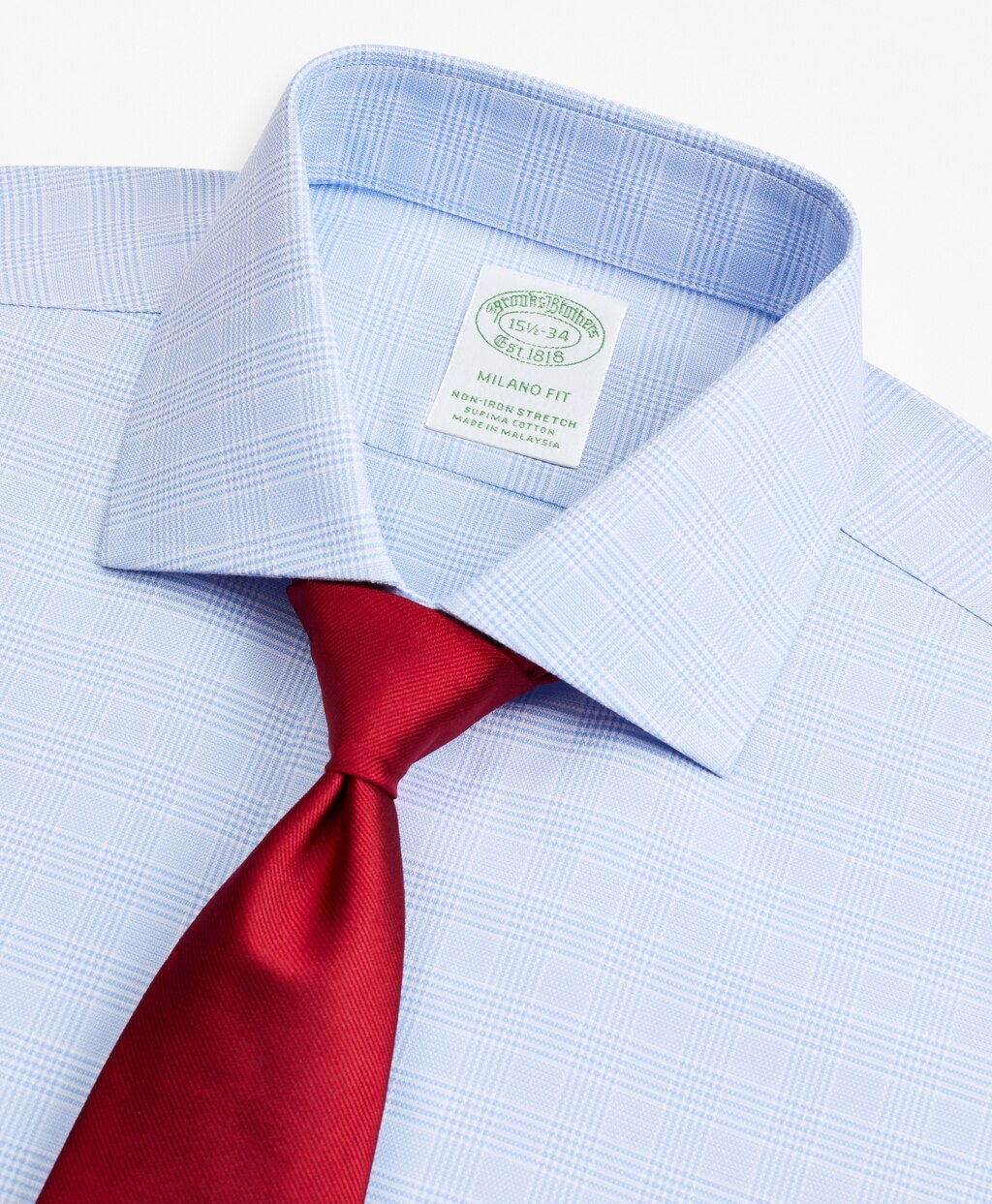 Brooks Brothers Men Stretch Milano Slim-Fit Dress Shirt, Non-Iron Royal Oxford English Collar Glen Plaid