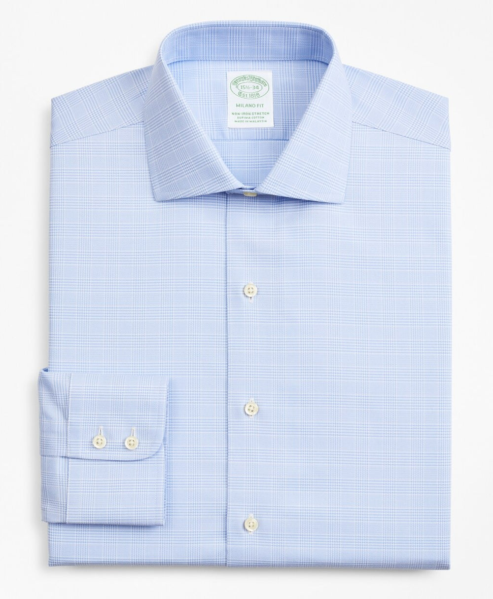 Brooks Brothers Men Stretch Milano Slim-Fit Dress Shirt, Non-Iron Royal Oxford English Collar Glen Plaid
