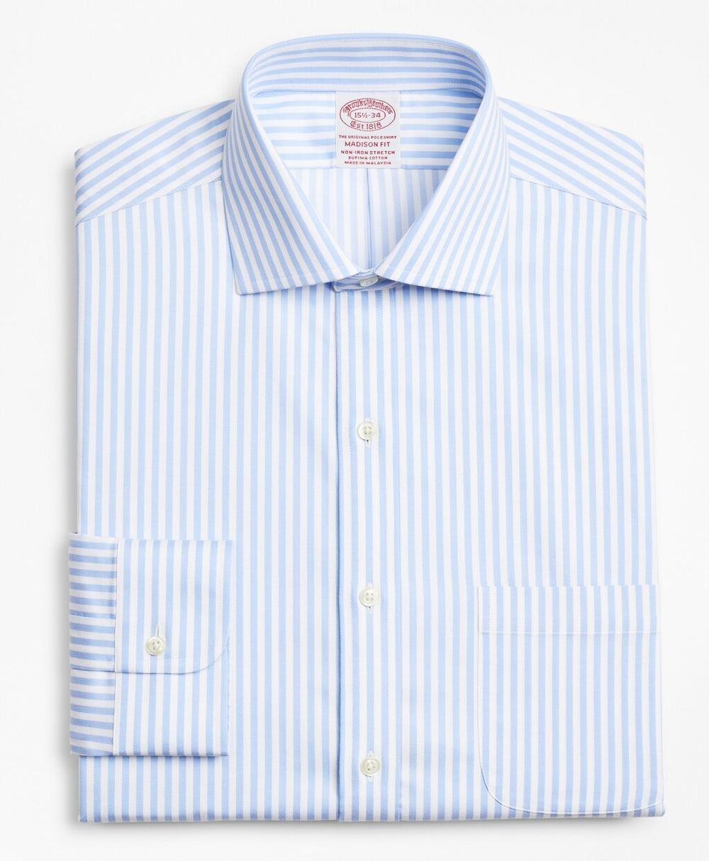 Brooks Brothers Men Stretch Madison Classic-Fit Dress Shirt, Non-Iron Twill English Collar Bold Stripe