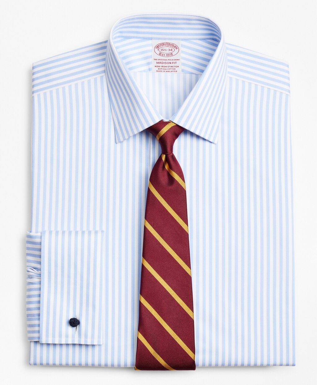 Brooks Brothers Men Stretch Madison Classic-Fit Dress Shirt, Non-Iron Twill Ainsley Collar French Cuff  Bold Stripe