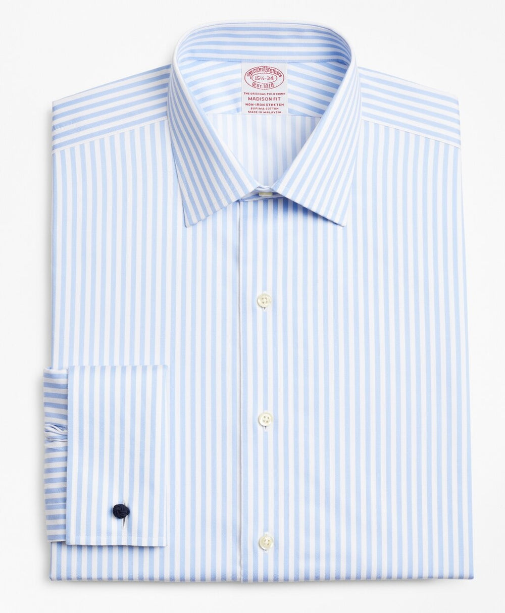 Brooks Brothers Men Stretch Madison Classic-Fit Dress Shirt, Non-Iron Twill Ainsley Collar French Cuff  Bold Stripe