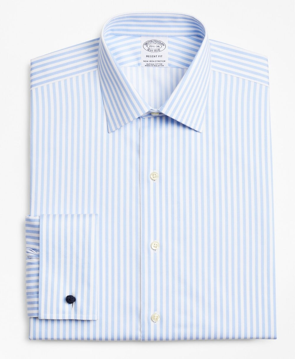 Brooks Brothers Men Stretch Regent Fitted Dress Shirt, Non-Iron Twill Ainsley Collar French Cuff Bold Stripe