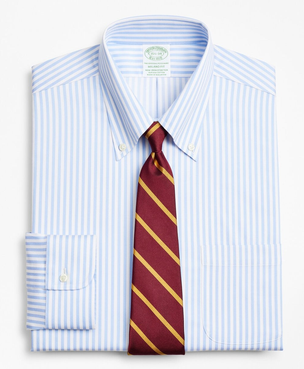 Brooks Brothers Men Stretch Milano Slim-Fit Dress Shirt, Non-Iron Twill Button-Down Collar Bold Stripe