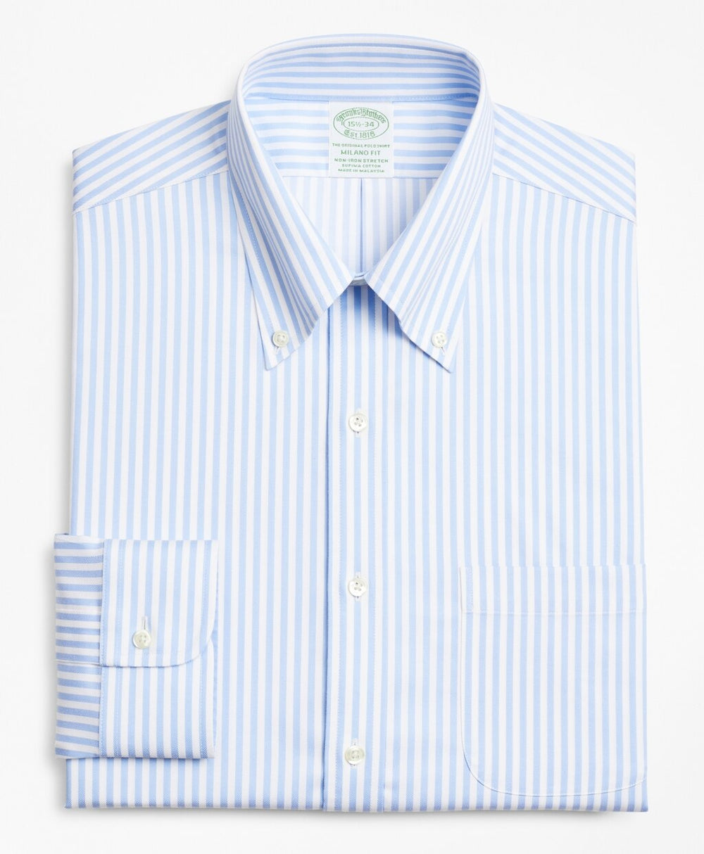 Brooks Brothers Men Stretch Milano Slim-Fit Dress Shirt, Non-Iron Twill Button-Down Collar Bold Stripe