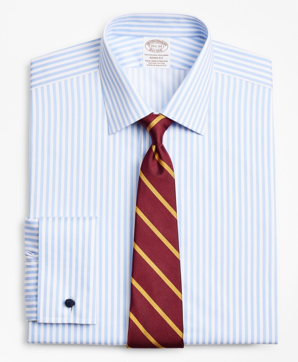 Brooks Brothers Men Stretch Soho Extra-Slim-Fit Dress Shirt, Non-Iron Twill Ainsley Collar French Cuff Bold Stripe