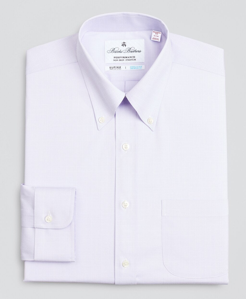 Brooks Brothers Men Madison Classic-Fit Dress Shirt, Performance Non-Iron with COOLMAX®, Button-Down Collar Twill Check