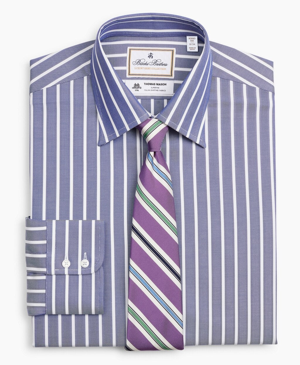 Brooks Brothers Men Luxury Collection Soho Extra-Slim-Fit Dress Shirt, Franklin Spread Collar Herringbone Wide Stripe