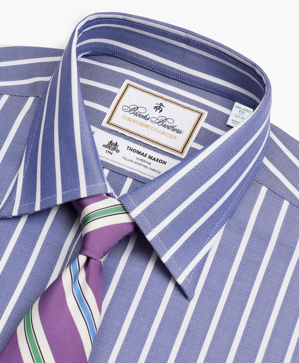 Brooks Brothers Men Luxury Collection Milano Slim-Fit Dress Shirt, Franklin Spread Collar Herringbone Wide Stripe