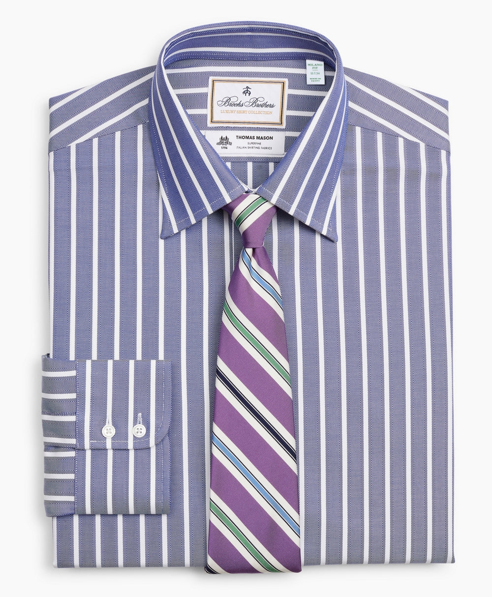Brooks Brothers Men Luxury Collection Milano Slim-Fit Dress Shirt, Franklin Spread Collar Herringbone Wide Stripe