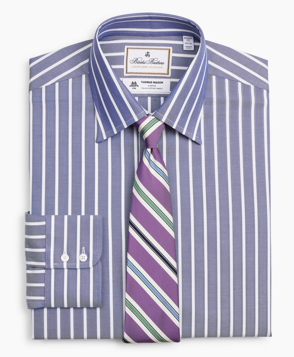 Brooks Brothers Men Luxury Collection Regent Fitted Dress Shirt, Franklin Spread Collar Herringbone Wide Stripe