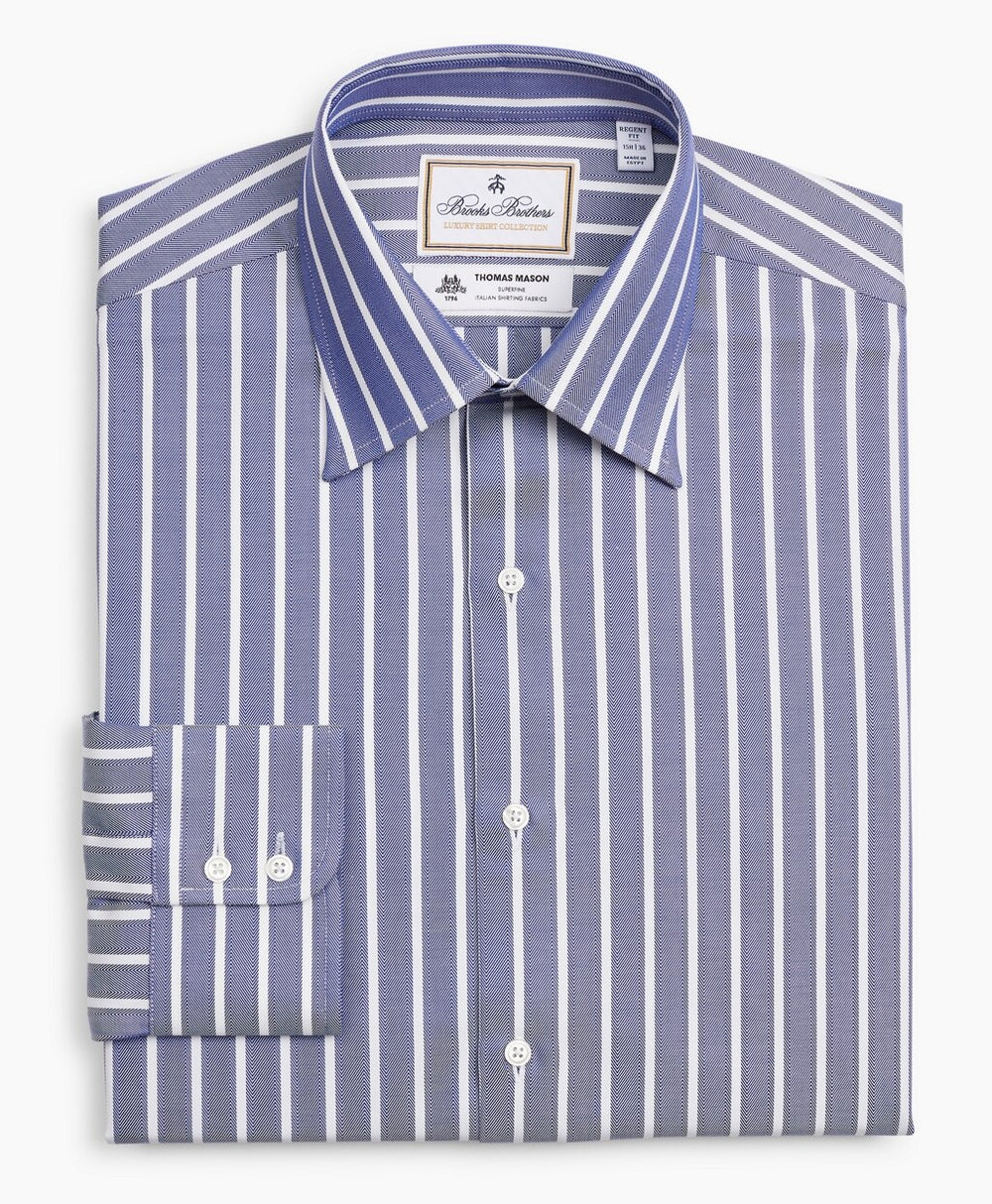 Brooks Brothers Men Luxury Collection Regent Fitted Dress Shirt, Franklin Spread Collar Herringbone Wide Stripe