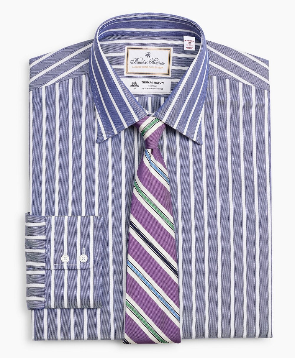 Brooks Brothers Men Luxury Collection Madison Classic-Fit Dress Shirt, Franklin Spread Collar Herringbone Wide Stripe