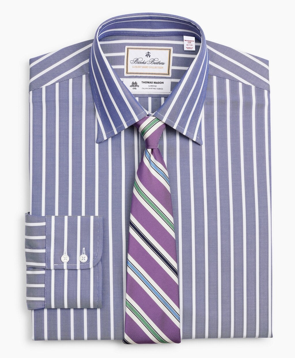 Brooks Brothers Men Luxury Collection Madison Classic-Fit Dress Shirt, Franklin Spread Collar Herringbone Wide Stripe