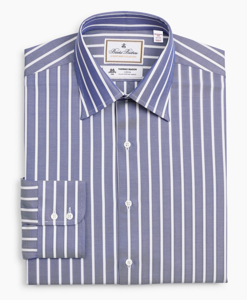 Brooks Brothers Men Luxury Collection Madison Classic-Fit Dress Shirt, Franklin Spread Collar Herringbone Wide Stripe