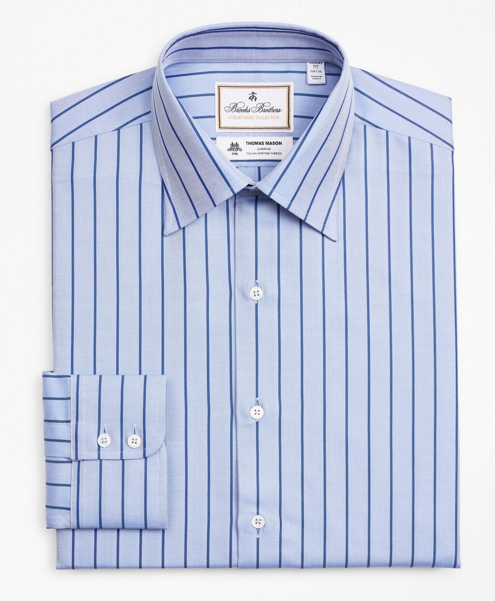 Brooks Brothers Men Luxury Collection Regent Fitted Dress Shirt, Franklin Spread Collar Herringbone Stripe
