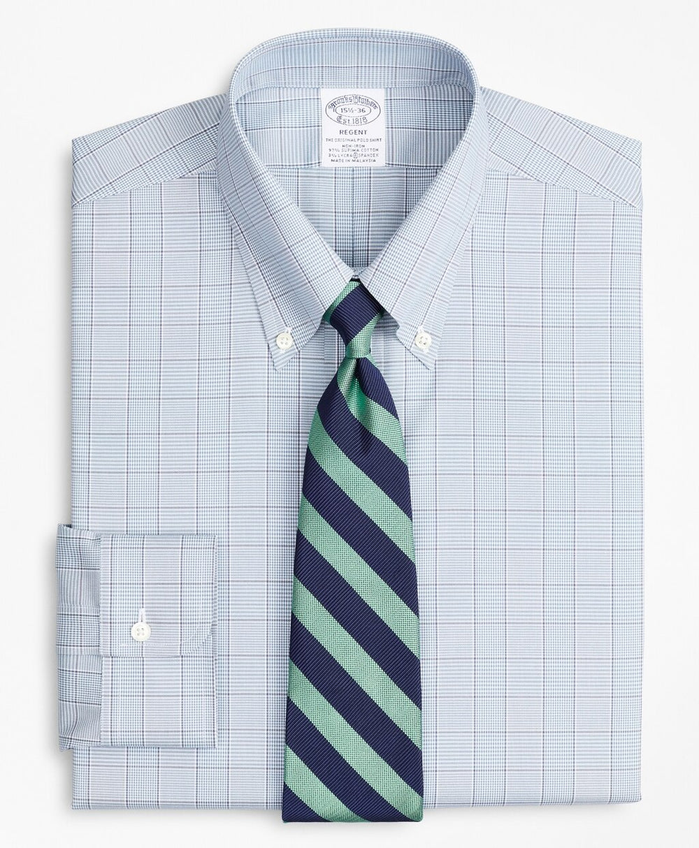 Brooks Brothers Men Stretch Regent Fitted Dress Shirt, Non-Iron Pinpoint Button-Down Collar Glen Plaid