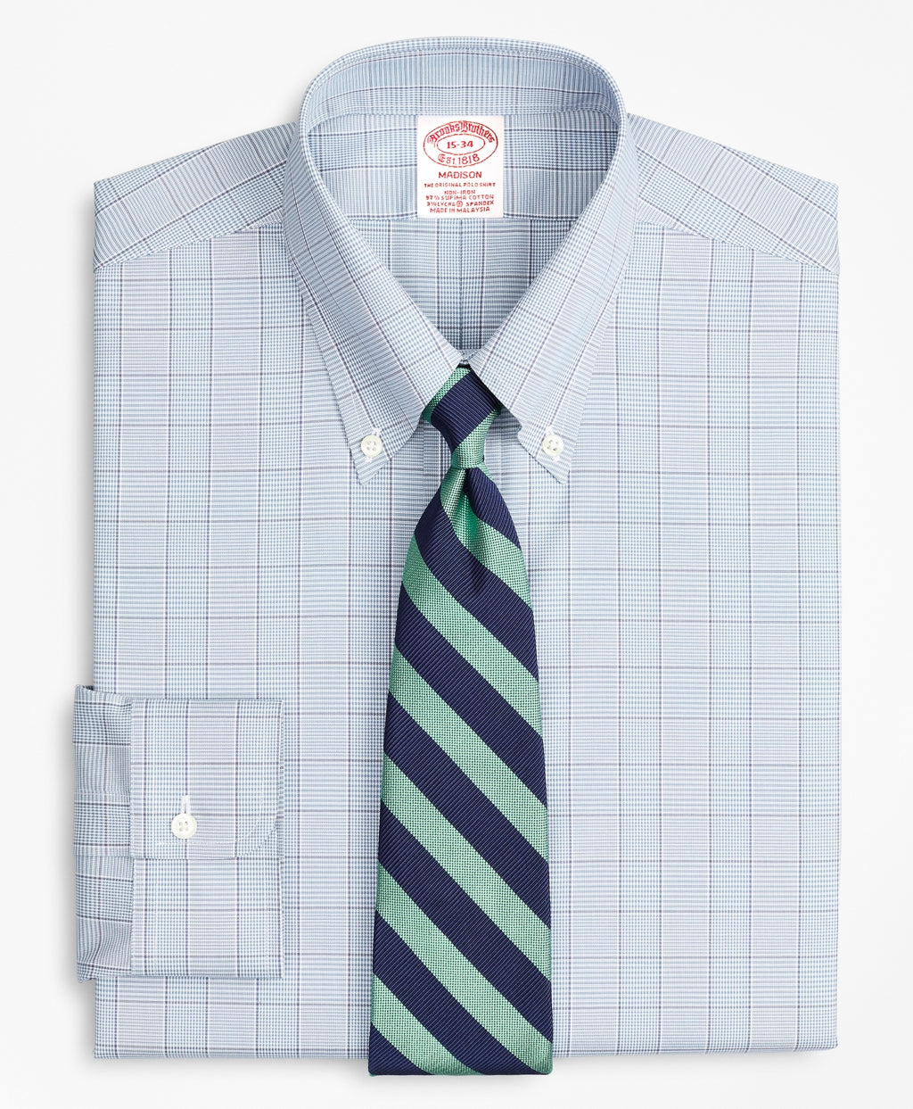 Brooks Brothers Men Stretch Madison Classic-Fit Dress Shirt, Non-Iron Pinpoint Button-Down Collar Glen Plaid