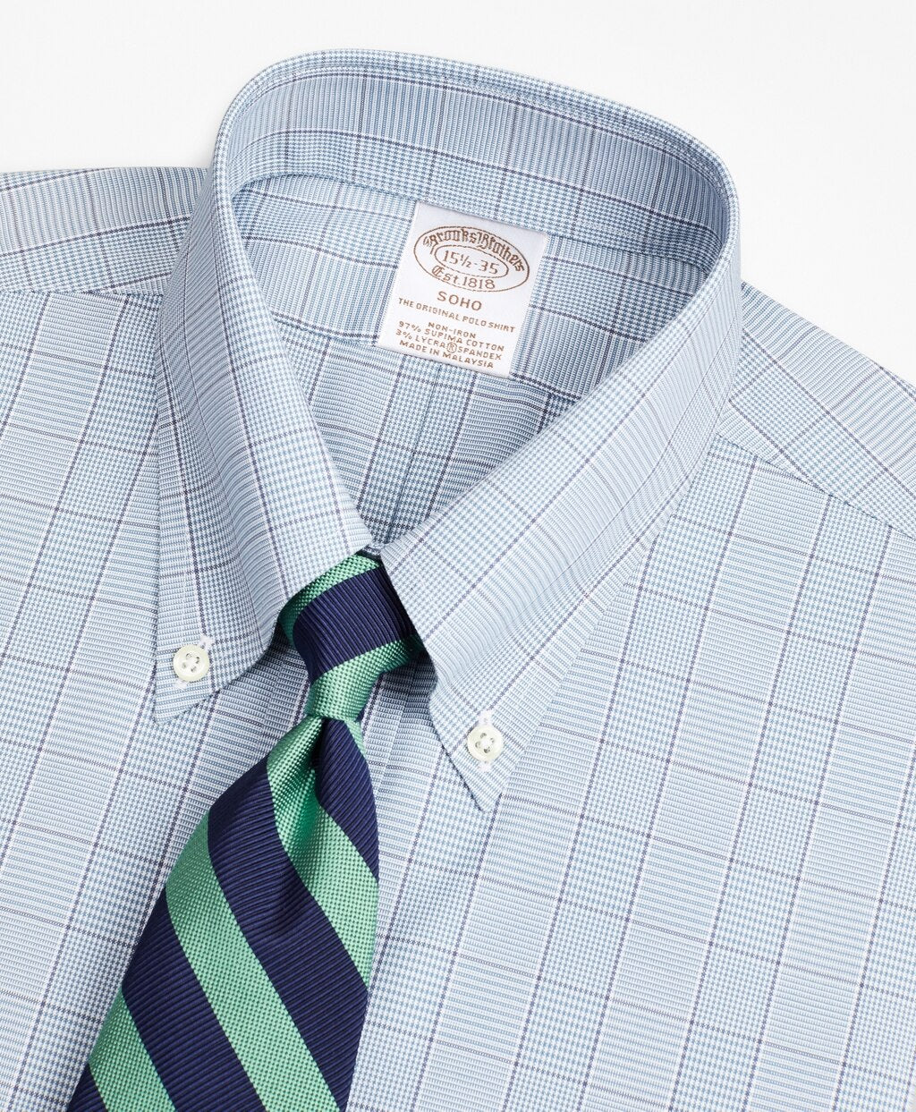 Brooks Brothers Men Stretch Soho Extra-Slim-Fit Dress Shirt, Non-Iron Pinpoint Button-Down Collar Glen Plaid