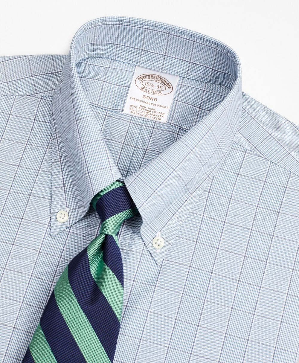 Brooks Brothers Men Stretch Soho Extra-Slim-Fit Dress Shirt, Non-Iron Pinpoint Button-Down Collar Glen Plaid