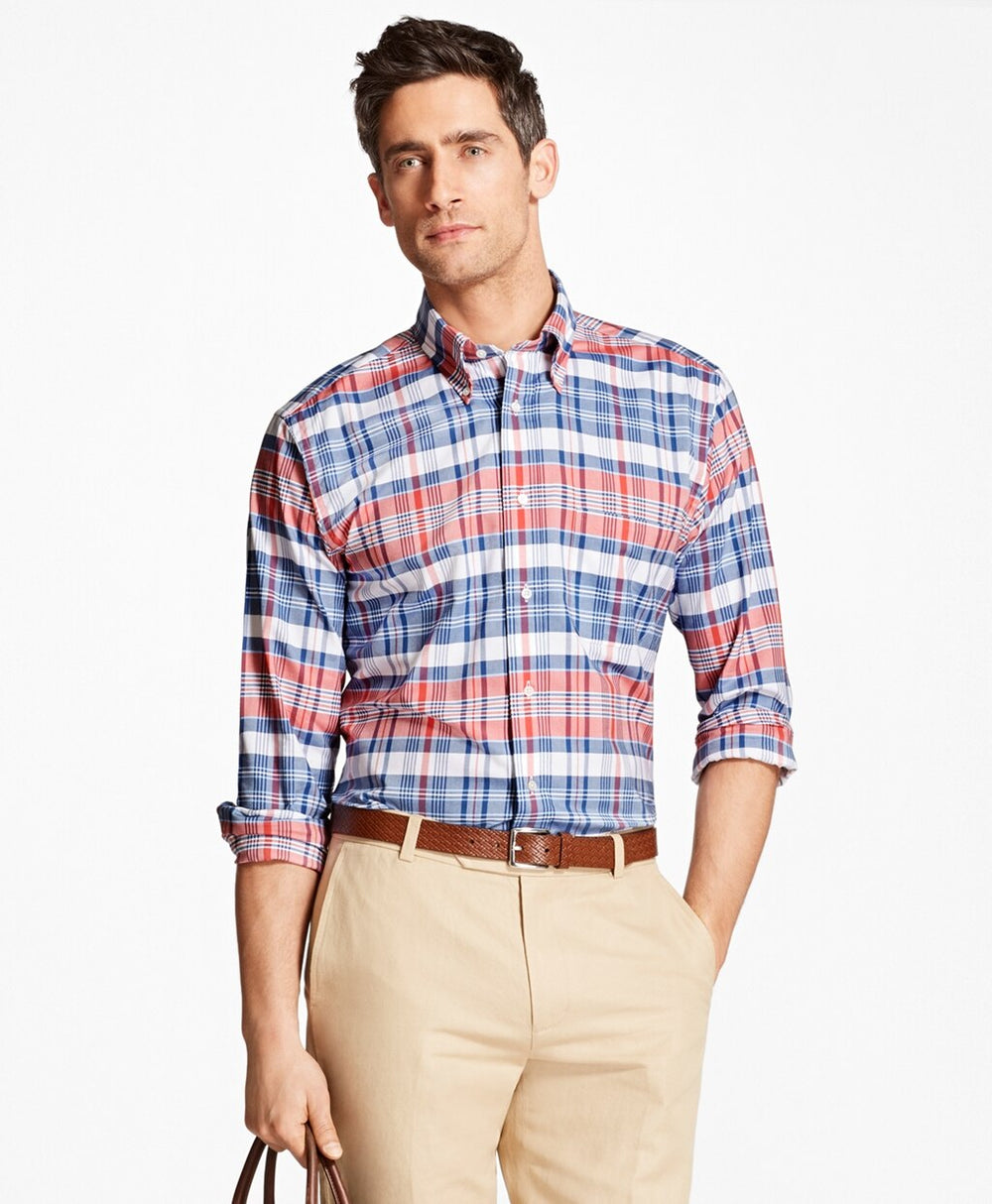 Brooks Brothers Men Regent Fit Oxford Madras Plaid Sport Shirt